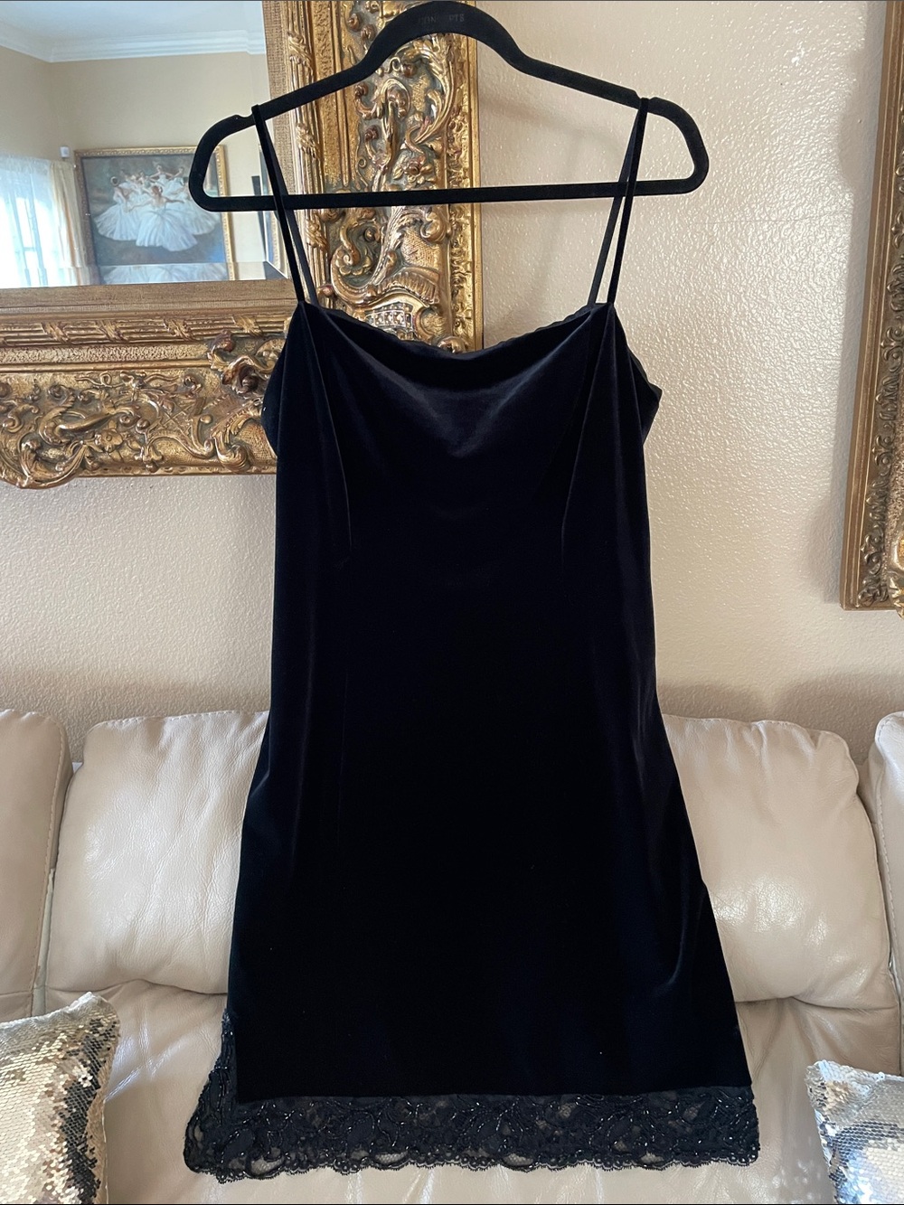 Laundry By Shelli Segal Black Velvet Slip Dress Beaded Embroidered Lace Trim - Picture 3 of 9